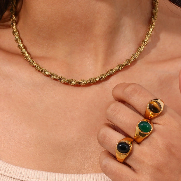 Vintage Black Brown Emarald Gemstone Ring in Titanium 18K Gold Plated Stainless Steel Opal Rings for Women Jewelry
