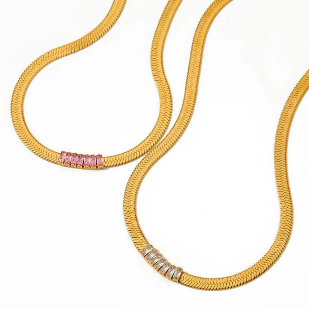 Trendy Women Stainless Steel Cz Zircon Choker Flat Snake Chain Necklace Herringbone Snake Chain Necklace