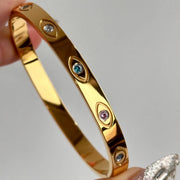 Waterproof PVD 18k Gold Plated Round Colorful Zirconia Eye Design Stainless Steel Bangles For Gift