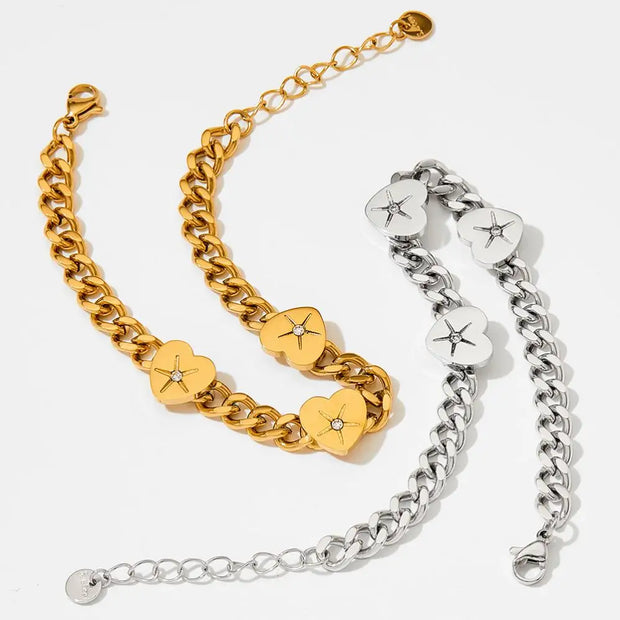 Tarnish Free Stainless Steel Pvd 18k Gold Plating Cuban Link Chain Bracelet Zircon Diamond Heart Charm Bracelets Women