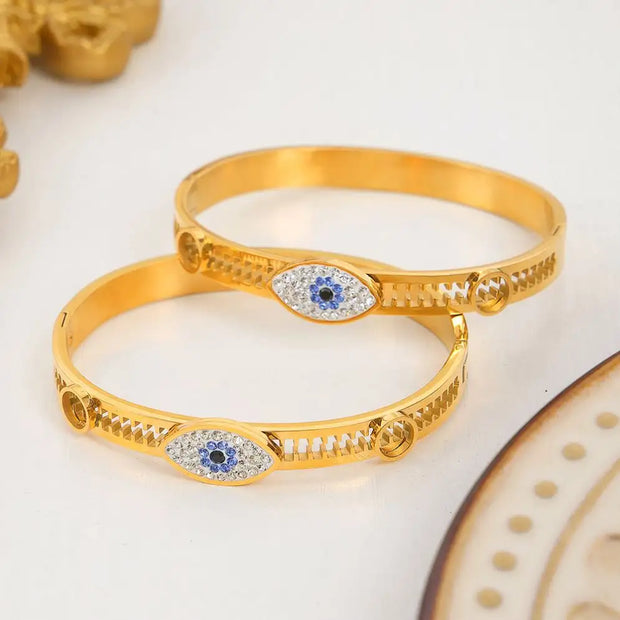 Tarnish Free Waterproof Acier Inoxydable Stainless Steel 18K Gold Plated Eyes Zircon Women Bracelets Bangle