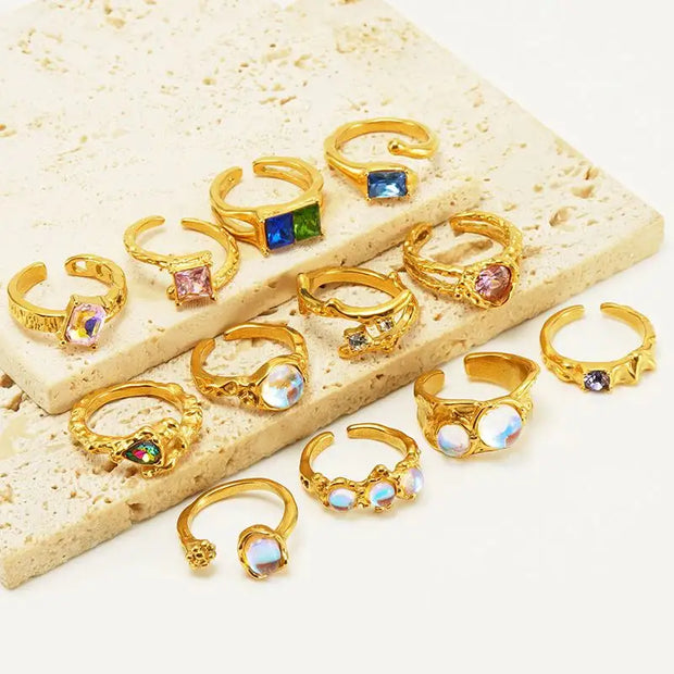 Waterproof 18K PVD Gold Plated 316L Stainless Steel Zircon Chunky Rings Non Tarnish Geometric Crystal Diamond Open Ring