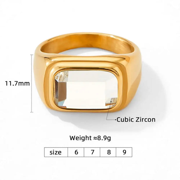 Trendy Jewelry Gold Plated Cubic Zirconia Ring Stainless Steel Square Pink Green Zircon Ring