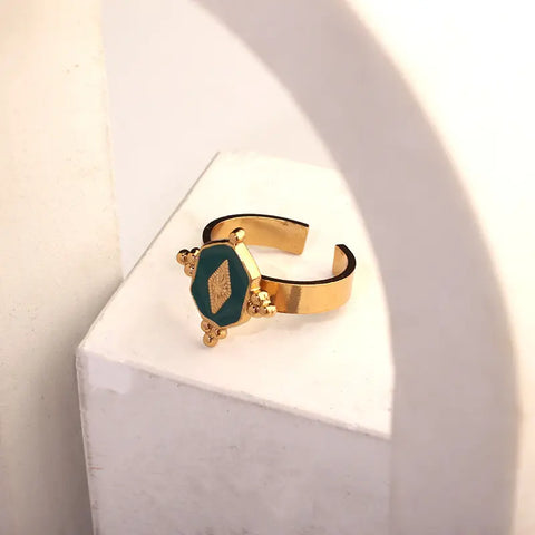 Vintage Green Enamel Open Ring Gold Plated Stainless Steel Rings Fashion Jewelry Wholesale