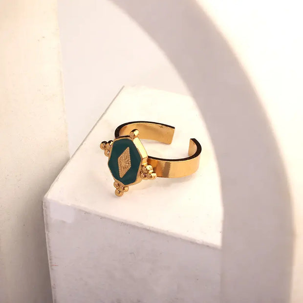 Vintage Green Enamel Open Ring Gold Plated Stainless Steel Rings Fashion Jewelry Wholesale