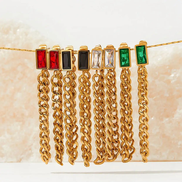 Trendy 18k Gold Plated Earring Colorful Zircon Drop Long Chain Tassels Stainless Steel Earrings For Women