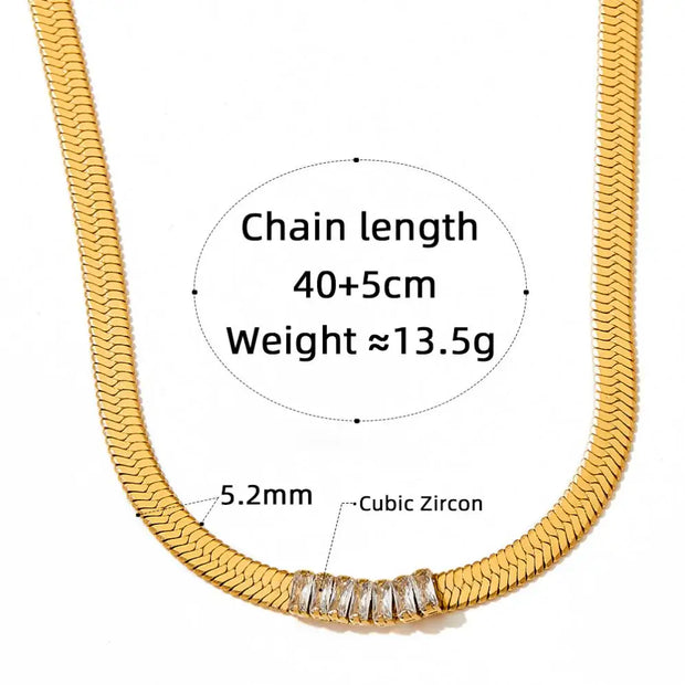 Trendy Women Stainless Steel Cz Zircon Choker Flat Snake Chain Necklace Herringbone Snake Chain Necklace