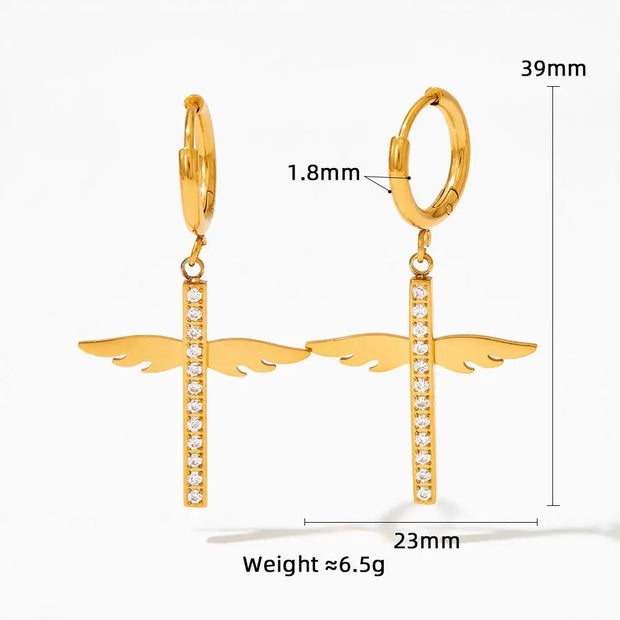 Unique Cross Angel wings Micro Insert CZ Pendant Drop Earring Stainless Steel Zircon  Hoop Earrings Women