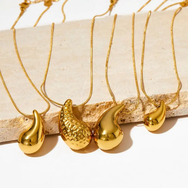 Texture Hammer Tear Drop Gold Plated Necklace Stainless Steel Water Drop Pendant Statement Necklaces Women