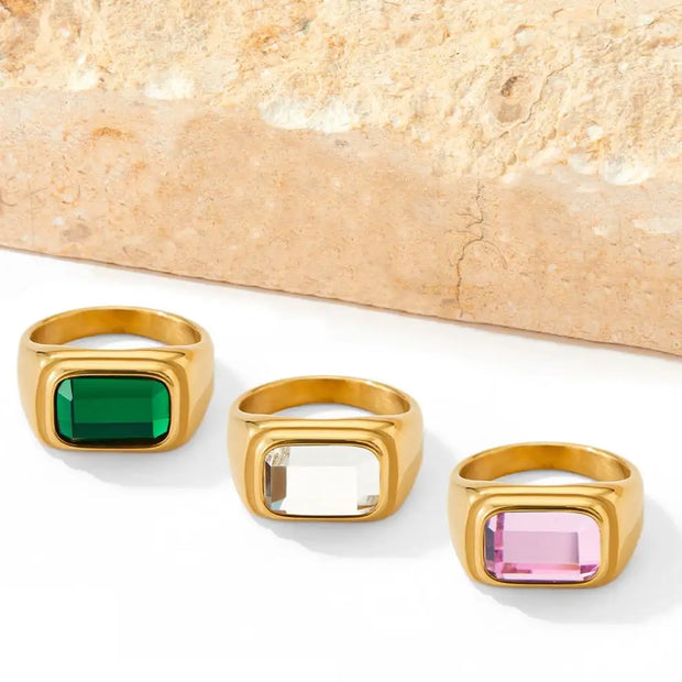 Trendy Jewelry Gold Plated Cubic Zirconia Ring Stainless Steel Square Pink Green Zircon Ring