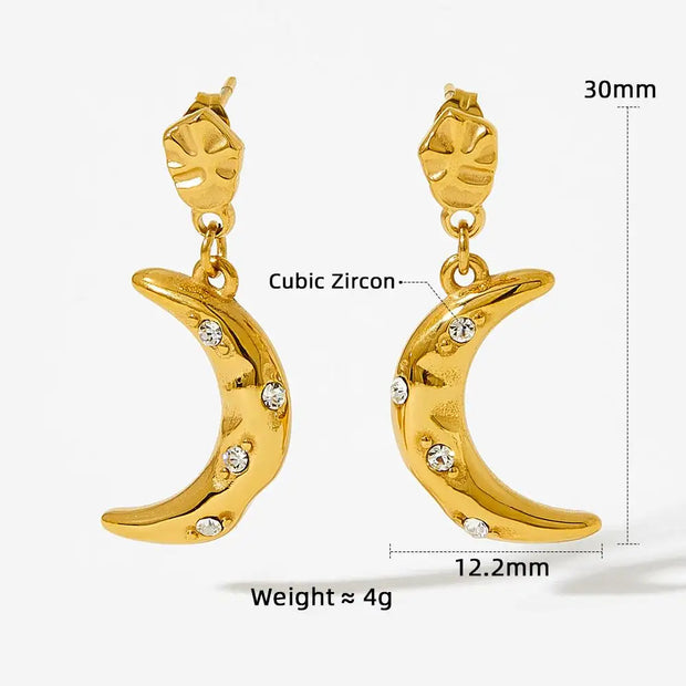 Tiny Crescent Lady Gift Moon Stud Earrings Gold Stainless Steel Boho Jewelry Cubic Shiny Zircon Earrings