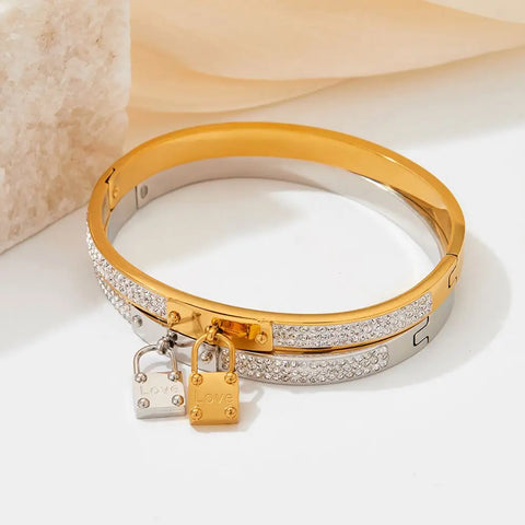 Waterproof 18k Gold Plated Titanium Steel Love Lock  Zircon Splicing Bracelet Bangle Girls