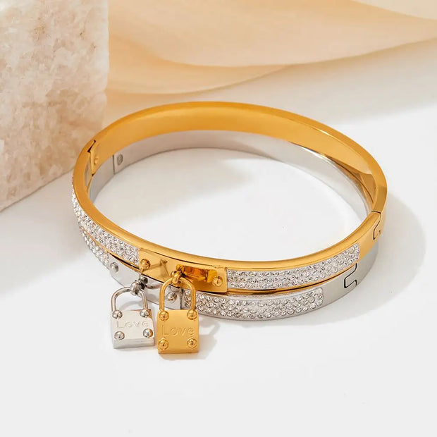 Waterproof 18k Gold Plated Titanium Steel Love Lock  Zircon Splicing Bracelet Bangle Girls