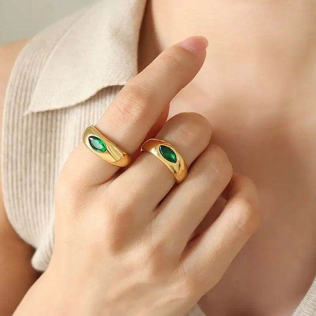 Vintage No Fade Inlaid Cz Diamond Rings 18k Gold Plated Stainless Steel Emerald Zircon Ring For Ladies