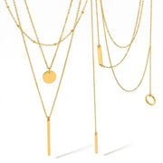 Wholesale Custom Fashion Stainless Steel Geometric Round Plate Long Stack Necklace Temperament Multi-layer Necklace