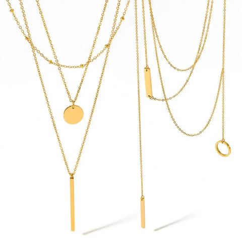 Wholesale Custom Fashion Stainless Steel Geometric Round Plate Long Stack Necklace Temperament Multi-layer Necklace