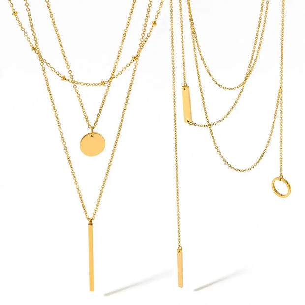 Wholesale Custom Fashion Stainless Steel Geometric Round Plate Long Stack Necklace Temperament Multi-layer Necklace