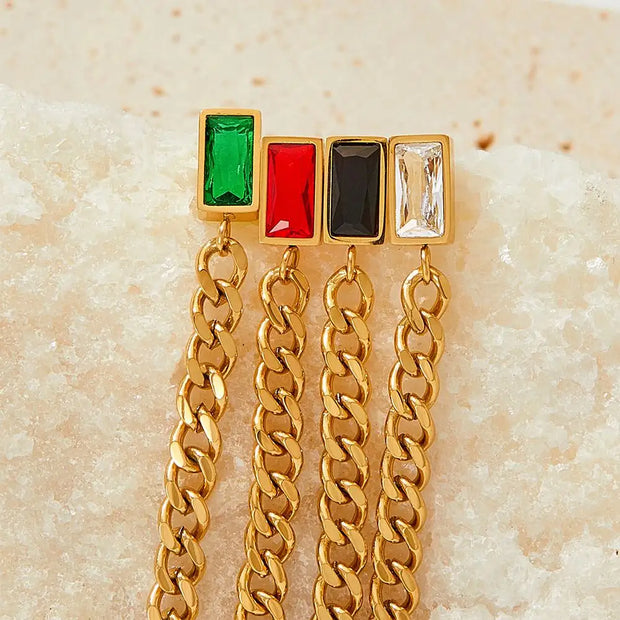 Trendy 18k Gold Plated Earring Colorful Zircon Drop Long Chain Tassels Stainless Steel Earrings For Women
