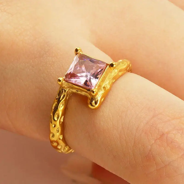 Waterproof 18K PVD Gold Plated 316L Stainless Steel Zircon Chunky Rings Non Tarnish Geometric Crystal Diamond Open Ring