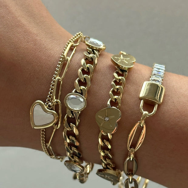 Tarnish Free Stainless Steel Pvd 18k Gold Plating Cuban Link Chain Bracelet Zircon Diamond Heart Charm Bracelets Women