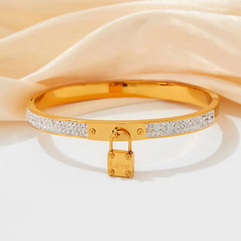 Waterproof 18k Gold Plated Titanium Steel Love Lock  Zircon Splicing Bracelet Bangle Girls