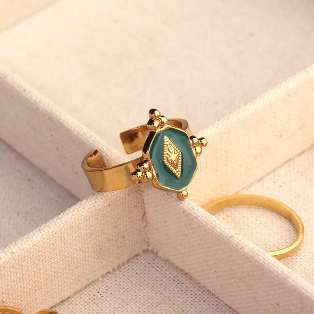 Vintage Green Enamel Open Ring Gold Plated Stainless Steel Rings Fashion Jewelry Wholesale
