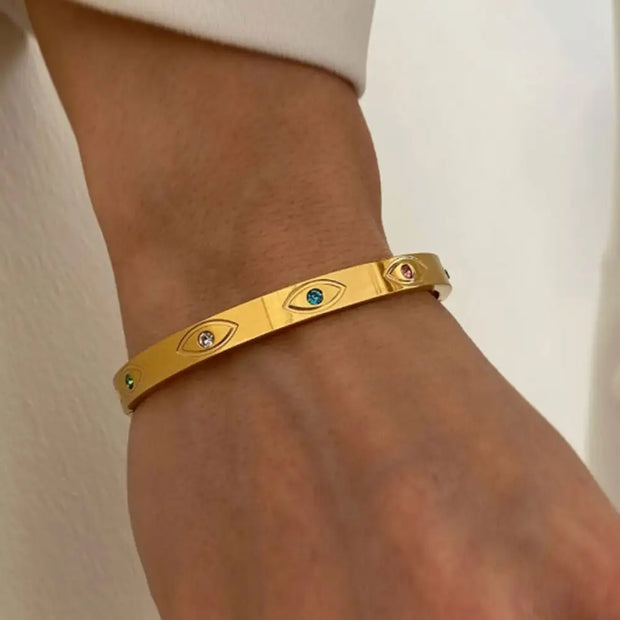 Waterproof PVD 18k Gold Plated Round Colorful Zirconia Eye Design Stainless Steel Bangles For Gift