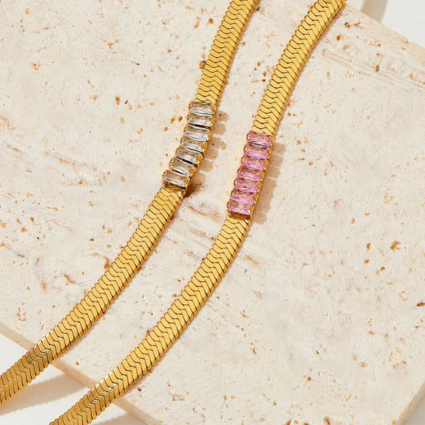 Trendy Women Stainless Steel Cz Zircon Choker Flat Snake Chain Necklace Herringbone Snake Chain Necklace