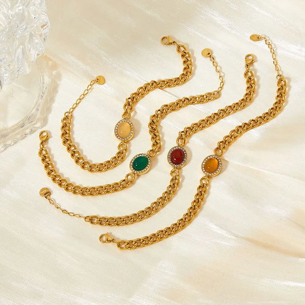 Vintage Gold Plated Stainless Steel Green Agate Stone Zircon Inlaid  Cuban Chain Bracelet For Women