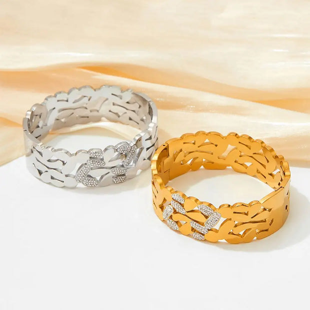 Waterproof PVD Gold Plated Bracelet 20MM Width Woman Rhinestone Hollow Bangle