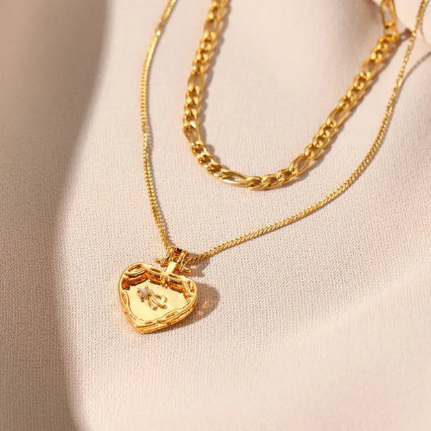 Waterproof Double Layers Stainless Steel Heart Pendant Necklace No Fade Gold Plated Paved Cz Peach Heart Necklace For Women