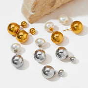 Two Ways To Wear Pearl Double Ball Bead Earrings Stainless Steel Gold Plated Stud Drop Earrings Women Jewelry