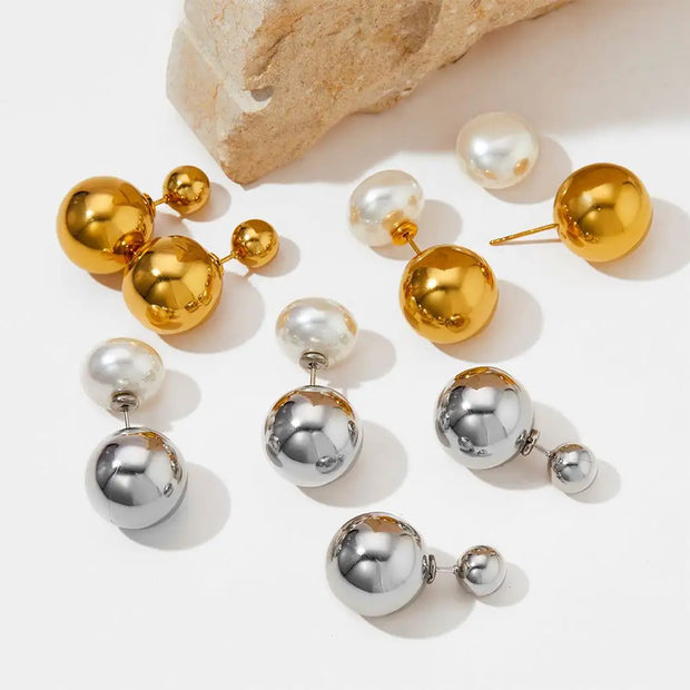 Two Ways To Wear Pearl Double Ball Bead Earrings Stainless Steel Gold Plated Stud Drop Earrings Women Jewelry