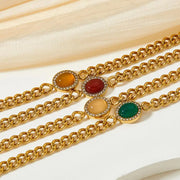 Vintage Gold Plated Stainless Steel Green Agate Stone Zircon Inlaid  Cuban Chain Bracelet For Women