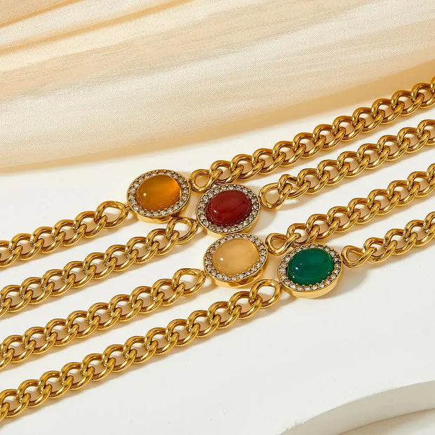Vintage Gold Plated Stainless Steel Green Agate Stone Zircon Inlaid  Cuban Chain Bracelet For Women