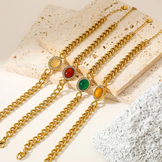 Vintage Gold Plated Stainless Steel Green Agate Stone Zircon Inlaid  Cuban Chain Bracelet For Women