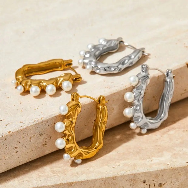 U Shape Hoop Korean Earrings Gold Plated Tarnish Free Stainless Steel Imitation Pearl Earrings Wholesale Bulk
