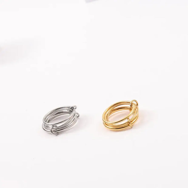 Waterproof 18K Plain Gold Individuality Double Circle Linked Rings Stainless Steel Multi Layer Interlocking Ring Jewelry