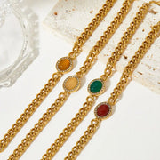 Vintage Gold Plated Stainless Steel Green Agate Stone Zircon Inlaid  Cuban Chain Bracelet For Women