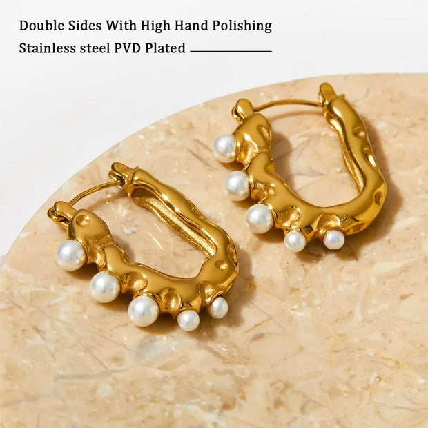 U Shape Hoop Korean Earrings Gold Plated Tarnish Free Stainless Steel Imitation Pearl Earrings Wholesale Bulk