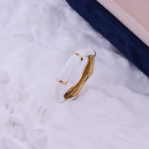 White Enamel Stainless Steel Bamboo Finger Ring Women Minimalist Stylish 18K PVD Stainless Steel Waterproof Rings
