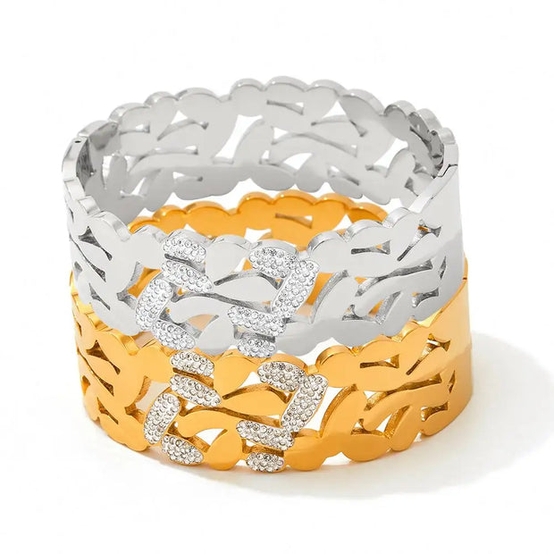 Waterproof PVD Gold Plated Bracelet 20MM Width Woman Rhinestone Hollow Bangle