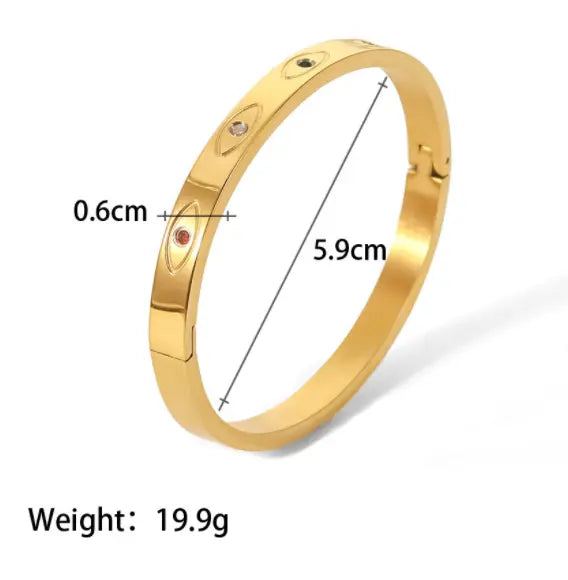 Waterproof PVD 18k Gold Plated Round Colorful Zirconia Eye Design Stainless Steel Bangles For Gift