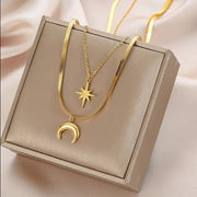 Waterproof Double Layered 18K Gold Necklace Stainless Steel Herringbone Chain Women Tarnish Free Star And Moon Necklace