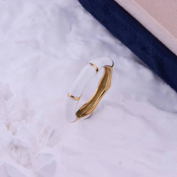 White Enamel Stainless Steel Bamboo Finger Ring Women Minimalist Stylish 18K PVD Stainless Steel Waterproof Rings