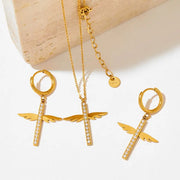 Unique Cross Angel wings Micro Insert CZ Pendant Drop Earring Stainless Steel Zircon  Hoop Earrings Women