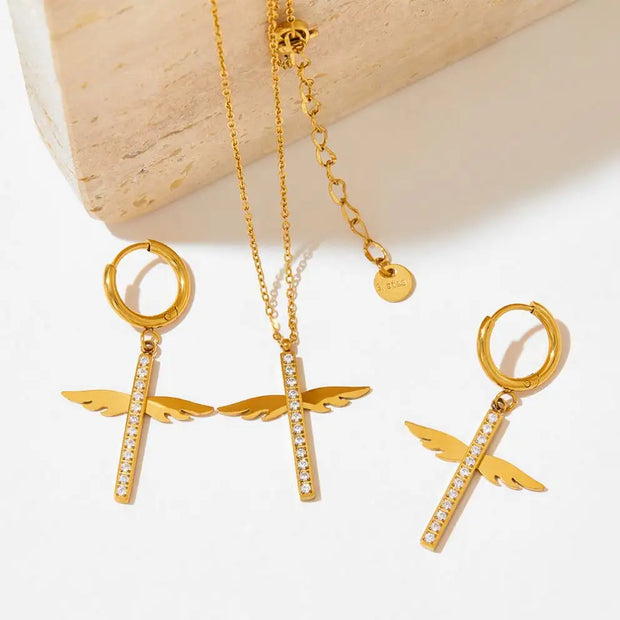 Unique Cross Angel wings Micro Insert CZ Pendant Drop Earring Stainless Steel Zircon  Hoop Earrings Women