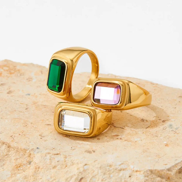 Trendy Jewelry Gold Plated Cubic Zirconia Ring Stainless Steel Square Pink Green Zircon Ring