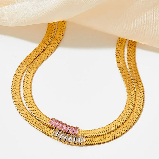 Trendy Women Stainless Steel Cz Zircon Choker Flat Snake Chain Necklace Herringbone Snake Chain Necklace