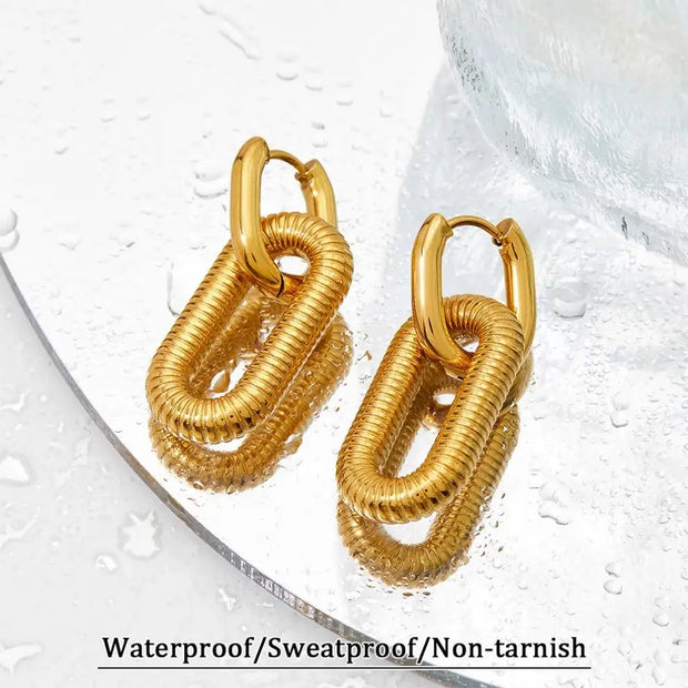 Vintage Tarnish Free Jewelry 2 Wearing Ways Square Huggie Dangle Earrings Gold  Plated Stainless Steel Pendant Drop Earrings